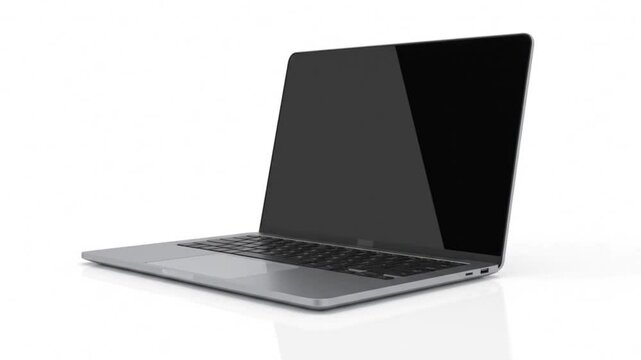 high-quality 4K 3D animation of a modern laptop opening from a closed position. The animation starts with the laptop closed, isolated on a white background. The lid slowly opens, revealing