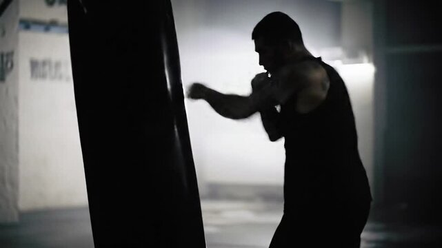 silhouette of a man in gym, boxing practice in gym