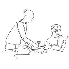 One continuous single drawing line art flat doodle care, woman, food, nurse, patient, service, meal, elderly, hospital. Isolated image hand draw contour on a white background, hand drawn, not AI