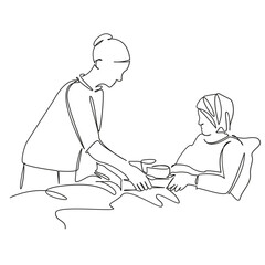One continuous single drawing line art flat doodle care, woman, food, nurse, patient, service, meal, elderly, hospital. Isolated image hand draw contour on a white background, hand drawn, not AI