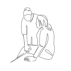 One continuous single drawing line art flat doodle retirement, sitting, care, nurse, support, female, adult, only women. Isolated image hand draw contour on a white background, hand drawn, not AI