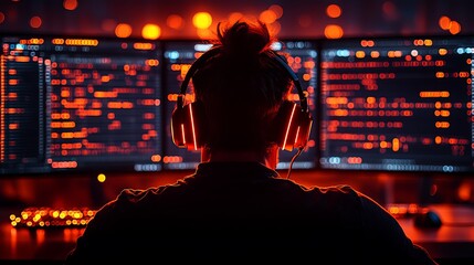 Person focused on computer screen filled with code.