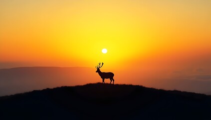 Deer Silhouette at Sunrise on Misty Hilltop – Majestic Nature Landscape at Dawn

