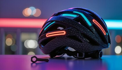 Fototapeta premium Modern bicycle helmet with neon lights on a colorful background 