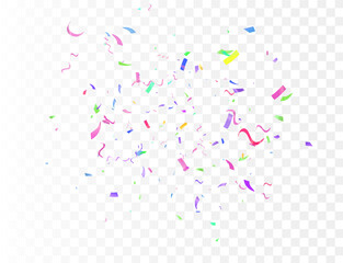 Transparent Confetti Burst Vibrant Streamers and Paper Pieces in Pink, Blue, Green, and Yellow on a Checkerboard Background, Perfect for Overlays on Festive Designs, Parties, and Promotions.