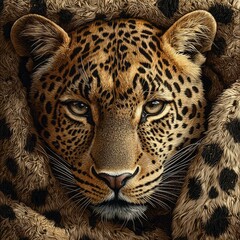 Fototapeta premium Detailed leopard print pattern with intricate fur and spot textures on animal skin background, high definition natural lighting for wallpaper and fabric design