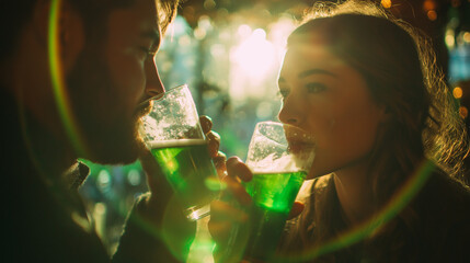 Couple clinking green beers in festive bar lighting.