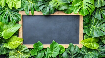 Empty chalkboard framed by vibrant tropical leaves.