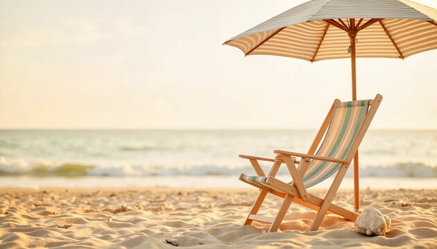 Relaxing beach chair with umbrella on sandy shore at sunset  