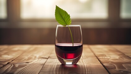 Glass of Red Wine with Leaf on Wooden Table – Warm Still Life with Natural Light

