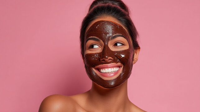 Woman with chocolate facial mask smiling against a pink background in a beauty treatment setting - Powered by Adobe
