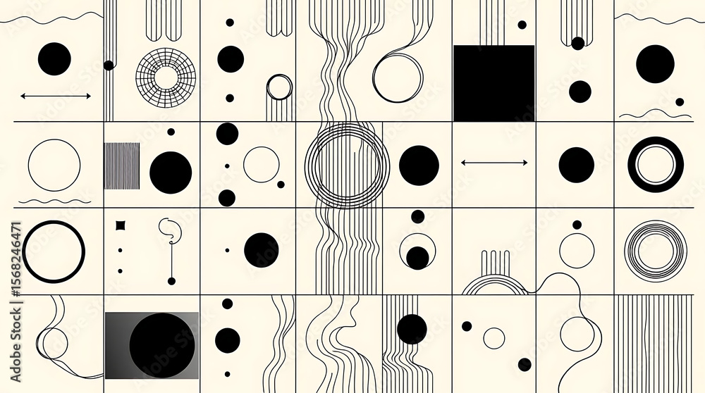 Poster circles, squares, and lines create an abstract geometric pattern on a grid