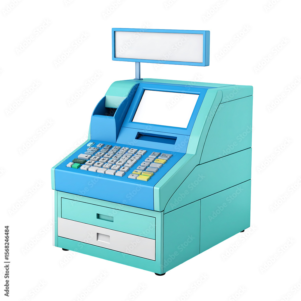 Poster mint green and blue register machine with blank display and rounded buttons on transparent