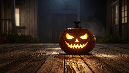 Glowing jack-o'-lantern on porch at night