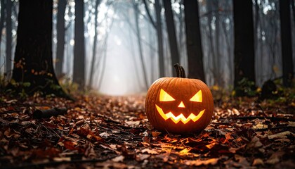 Halloween pumpkin in a misty forest path