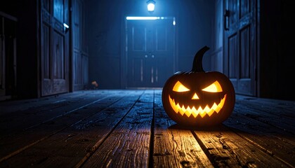 Spooky hallway with carved pumpkin