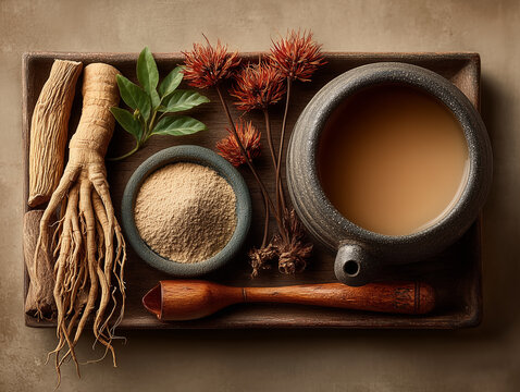 Kampo medicine elements like dried roots, mortar and pestle, and herbal decoction in a ceramic teacup, 