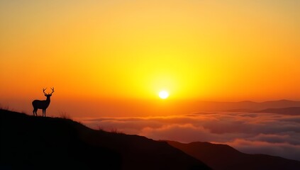 Deer Silhouette at Sunrise on Misty Hilltop – Majestic Nature Landscape at Dawn

