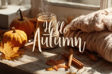 autumn banner with text hello autumn, cup of hot drink on wooden window sill, pimpkins and fallen leaves