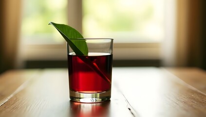Glass of Red Wine with Leaf on Wooden Table – Warm Still Life with Natural Light

