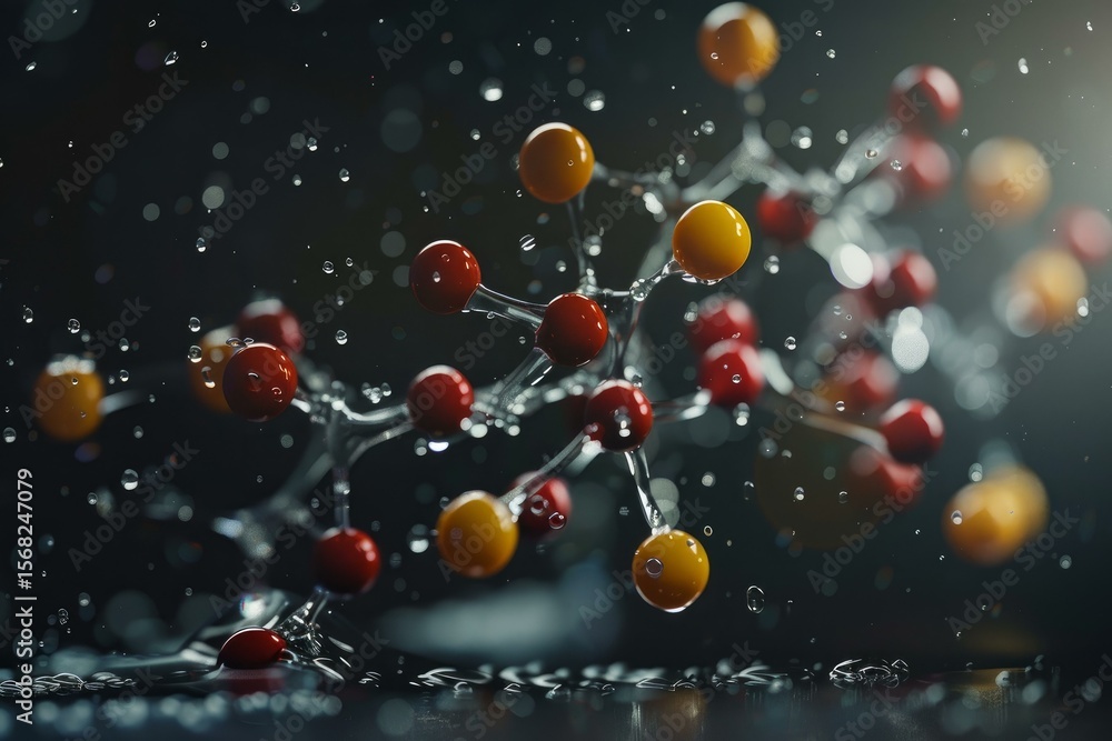 Poster complex molecular structure with red and yellow atoms is splashing in water against a black backgrou