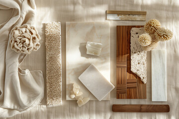 Curated interior design moodboard with luxurious materials and neutral textures