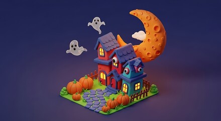 A whimsical 3D-rendered Halloween scene features a haunted house, friendly ghosts, pumpkins, and a crescent moon.