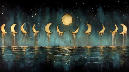 Melting moons over a dark teal sea.