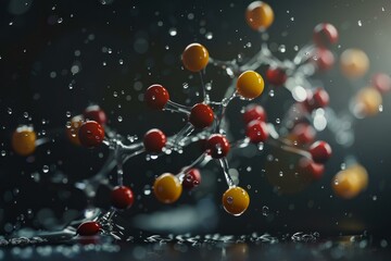 Complex molecular structure with red and yellow atoms is splashing in water against a black background
