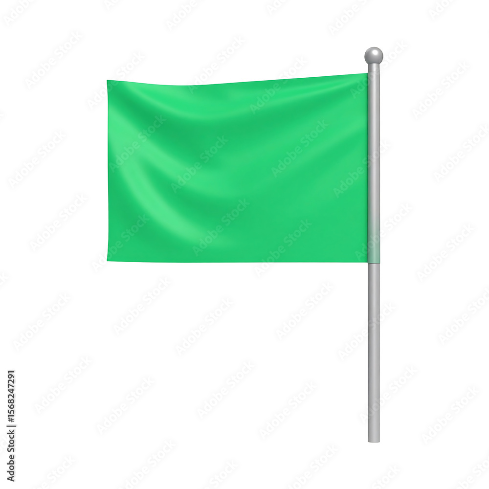 Poster mint green blank flag waving on metal pole with transparent background design element