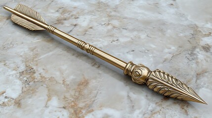 Ornate golden arrow laid on a marble surface.