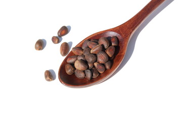 On a white background lies a wooden spoon with pine nuts.