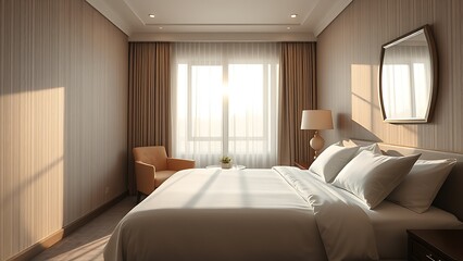 A serene hotel bedroom bathed in morning sunlight, featuring elegant decor and a welcoming atmosphere.
