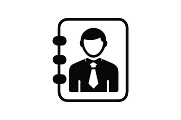 Simple black and white icon representing a person s profile within an open address book or contact list symbolizing personal information and networking opportunities