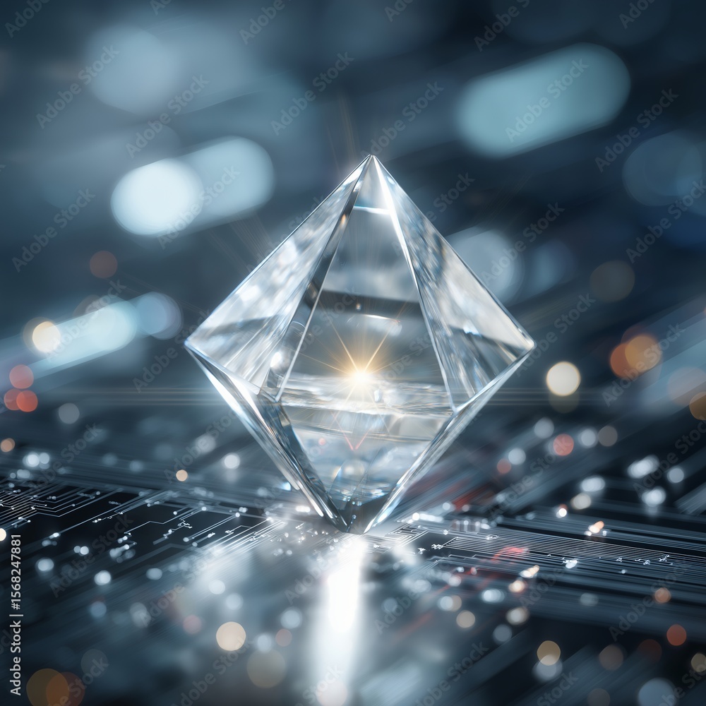 Poster a luminous gemstone illuminates a modern circuit board, symbolizing technology and innovation. the c