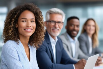 Smiling businesswoman leading diverse team in modern office
