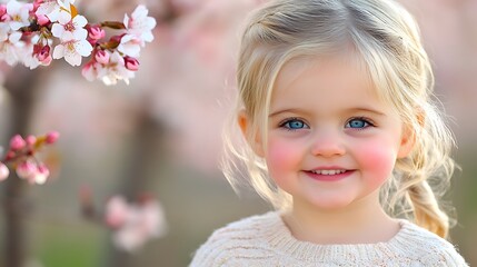 Smiling little girl surrounded by cherry blossoms.