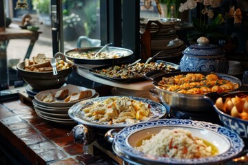 Variety of delicious dishes are being served buffet style in a restaurant