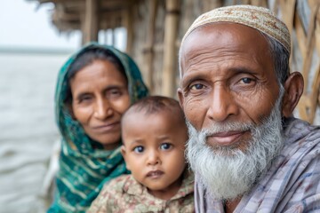 Bangladeshi family posing near river in rural village