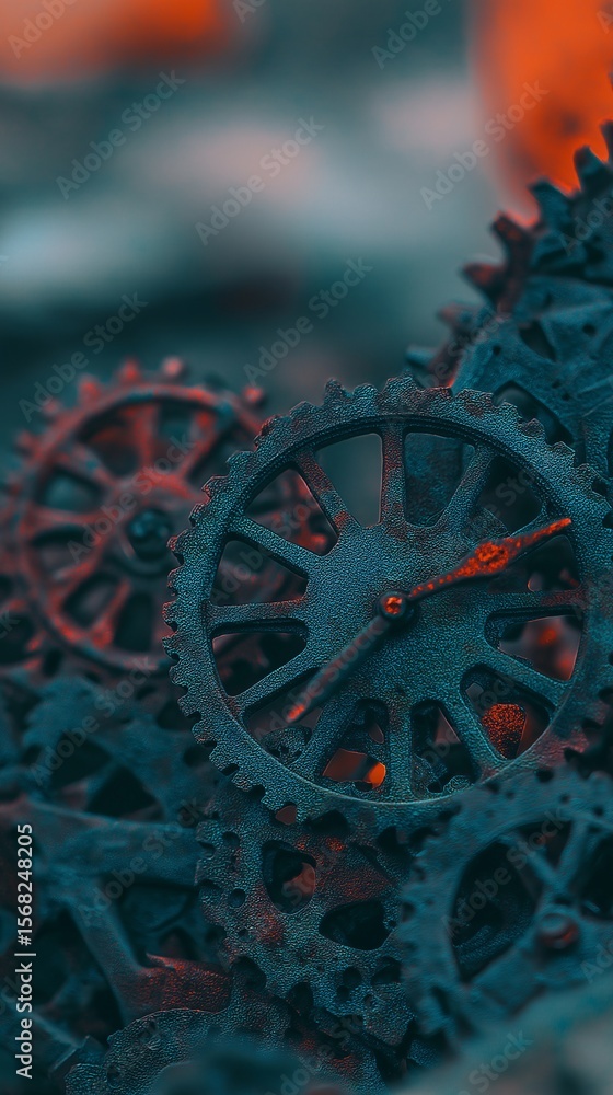 Poster an intriguing close-up of complex gears that create a clockwork machine. the image highlights the be