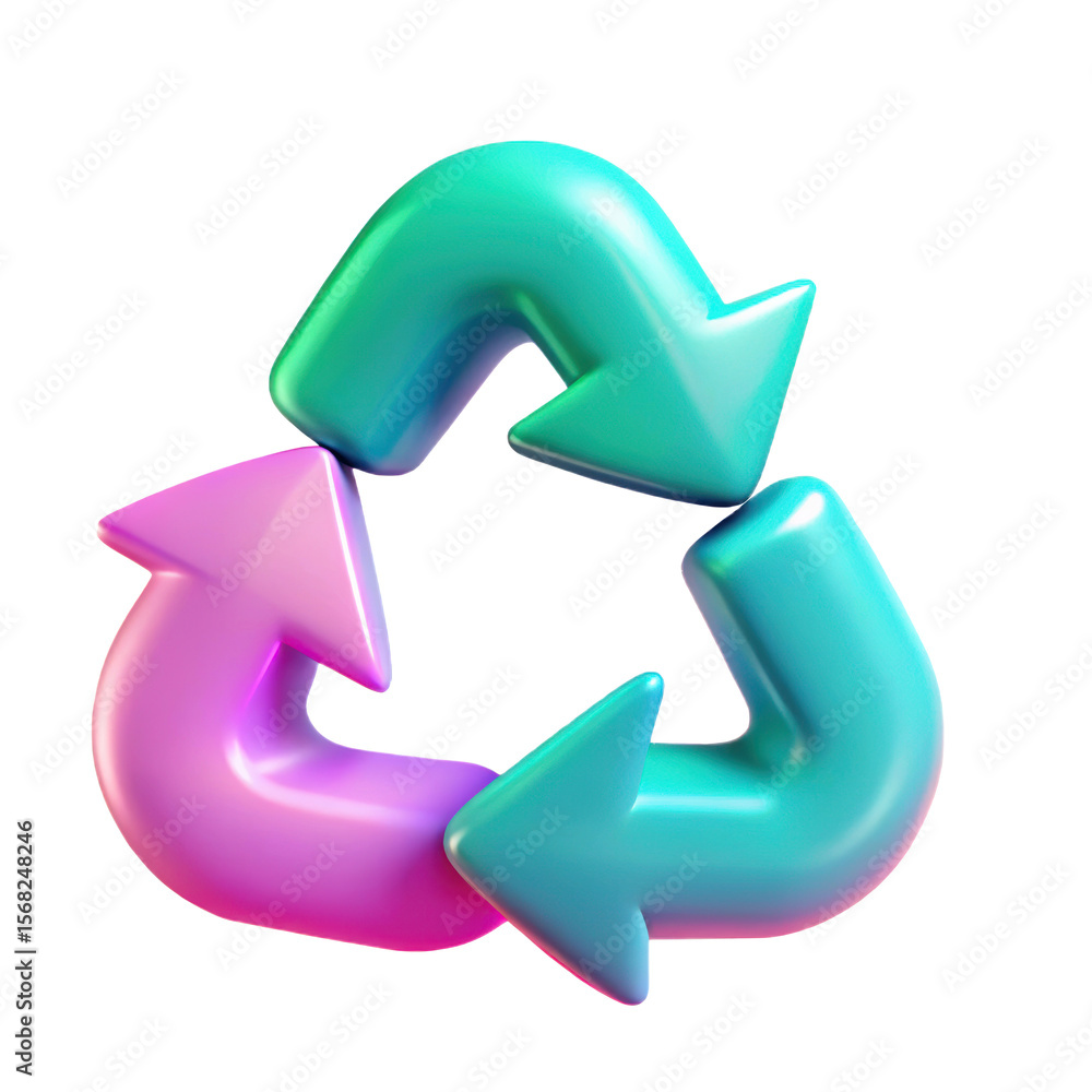 Fototapete modern 3d rendering of the universal recycling symbol with smooth gradient colors in pink and teal o