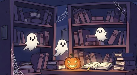 Cartoon illustration of ghosts floating around a pumpkin and open book in a library setting.