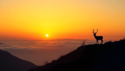 Deer Silhouette at Sunrise on Misty Hilltop – Majestic Nature Landscape at Dawn

