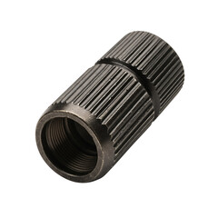 Tire valve cap in black metal with ribbed texture and threaded design  
