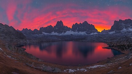 Vibrant sunset over a serene mountain lake.