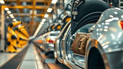 Obraz premium Robotic arms work on an automobile assembly line, reflecting industrial precision and technology.