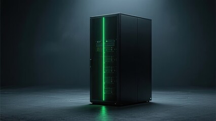 Sleek Minimalist Server Rack with a Glowing Green Light in a Dark Room