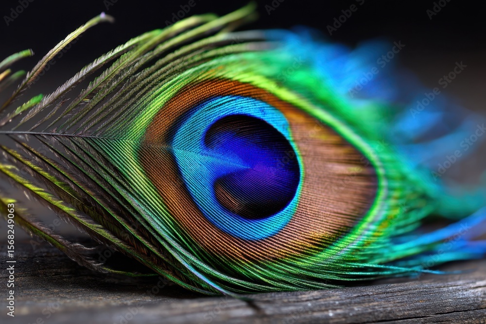 Poster vibrant peacock feather displaying intricate colors and patterns in a close-up view