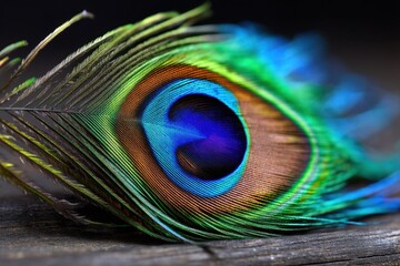 Obraz premium Vibrant peacock feather displaying intricate colors and patterns in a close-up view