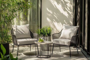 Sleek outdoor patio set with two light gray cushioned chairs around elegant side table holding green plants and wine glasses, natural sunlight cozy atmosphere